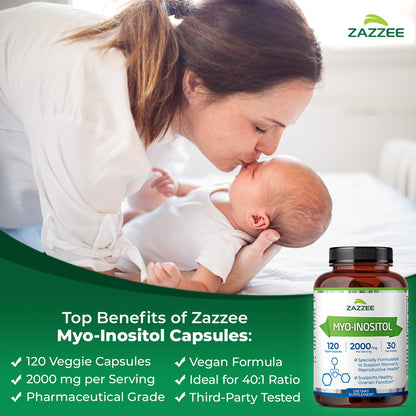 Zazzee Myo-Inositol Capsules — 2000 mg per Serving, 120 Vegan Capsules, 40:1 Ratio, Hormone Balance & Ovarian Support