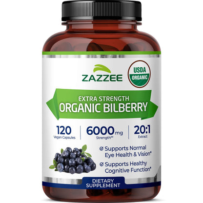 Zazzee USDA Organic Bilberry 20:1 Extract – 6000 mg, 120 Vegan Capsules, 4 Month Supply
