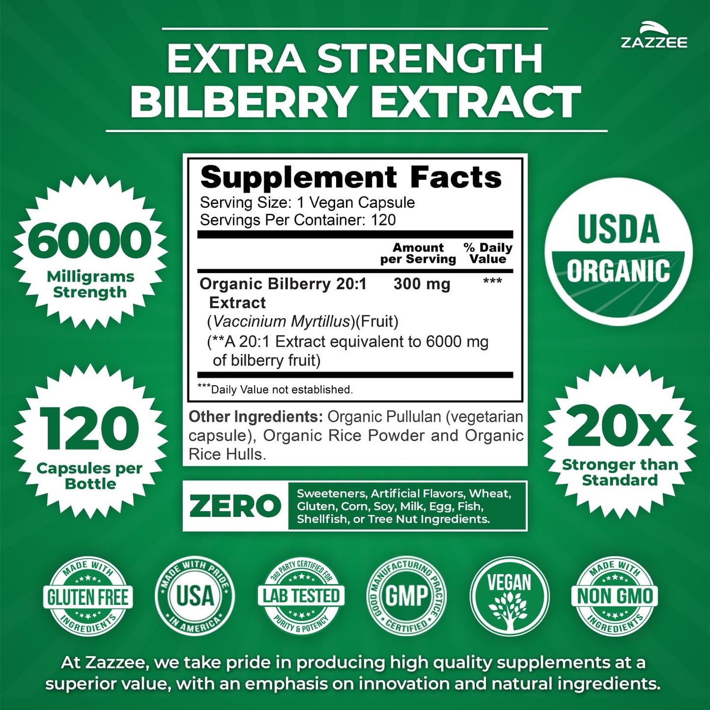 Zazzee USDA Organic Bilberry 20:1 Extract – 6000 mg, 120 Vegan Capsules, 4 Month Supply