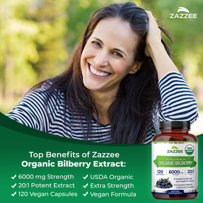 Zazzee USDA Organic Bilberry 20:1 Extract – 6000 mg, 120 Vegan Capsules, 4 Month Supply