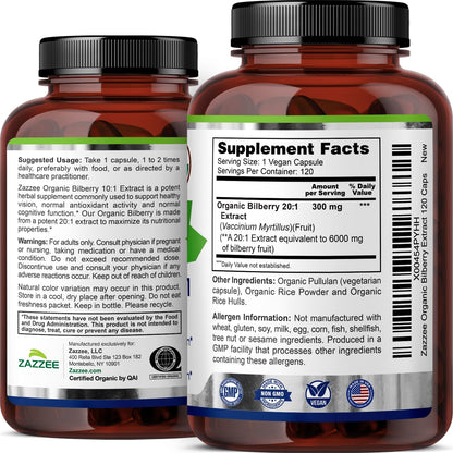 Zazzee USDA Organic Bilberry 20:1 Extract – 6000 mg, 120 Vegan Capsules, 4 Month Supply