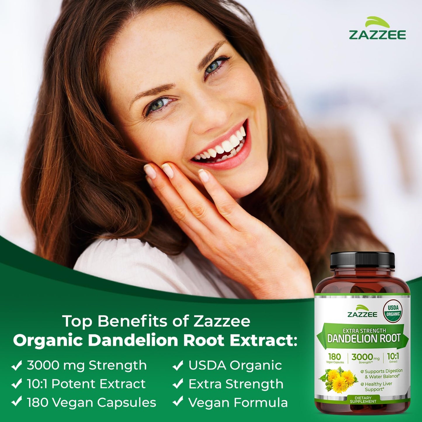 Zazzee USDA Organic Dandelion Root 10:1 Extract – 3000 mg, 180 Capsules, 6 Month Supply