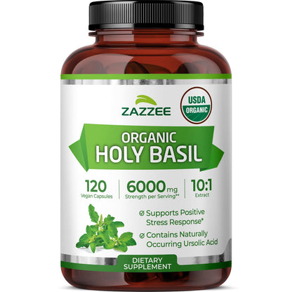 Zazzee Organic Holy Basil 6000 mg | 10:1 Extract, 120 Veg Caps