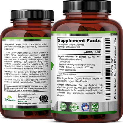 Zazzee Organic Holy Basil 6000 mg | 10:1 Extract, 120 Veg Caps