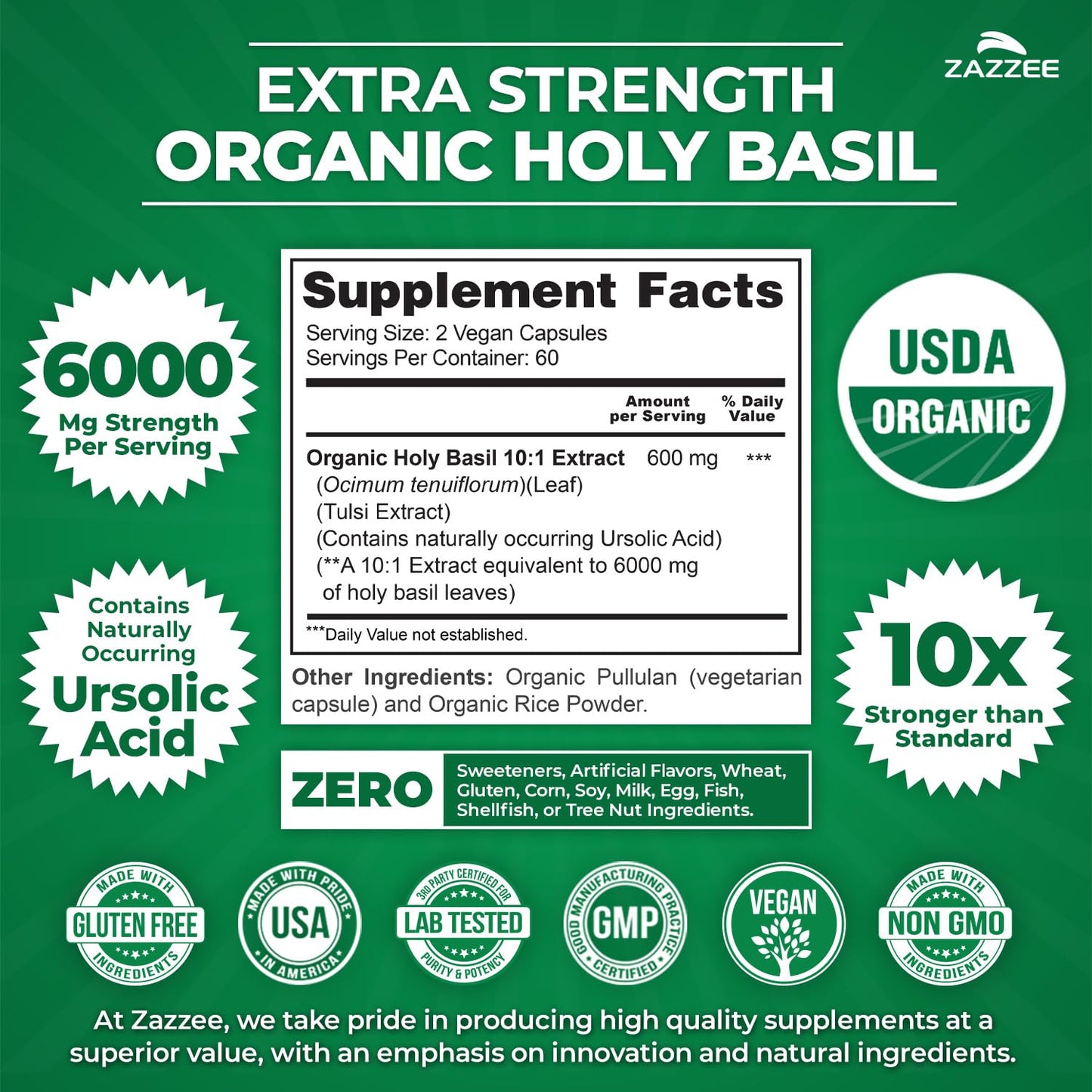 Zazzee Organic Holy Basil 6000 mg | 10:1 Extract, 120 Veg Caps