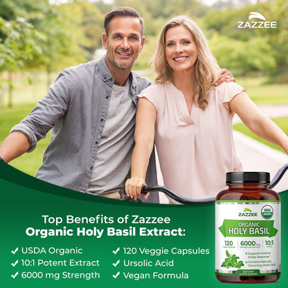 Zazzee Organic Holy Basil 6000 mg | 10:1 Extract, 120 Veg Caps