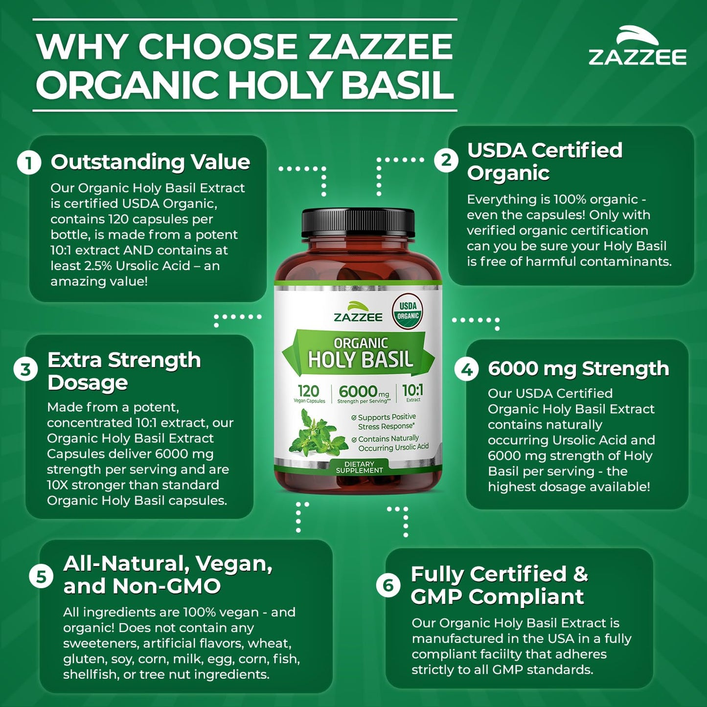 Zazzee Organic Holy Basil 6000 mg | 10:1 Extract, 120 Veg Caps
