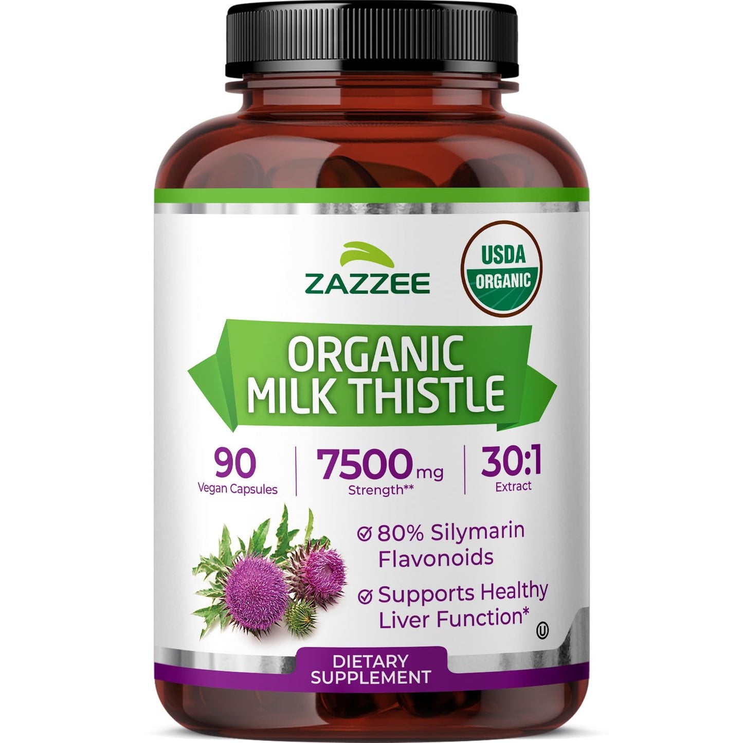 Zazzee USDA Organic Milk Thistle 30:1 Extract – 7500 mg, 90 Vegan Capsules, USA Made