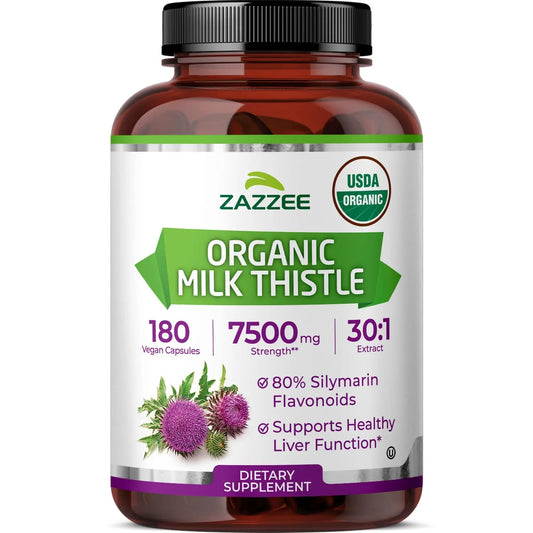 Zazzee USDA Organic Milk Thistle 30:1 Extract – 7500 mg per Capsule, 180 Vegan Capsules, 80% Silymarin, USA Made BritishVita | Premium UK Vitamins & Wellness Supplements