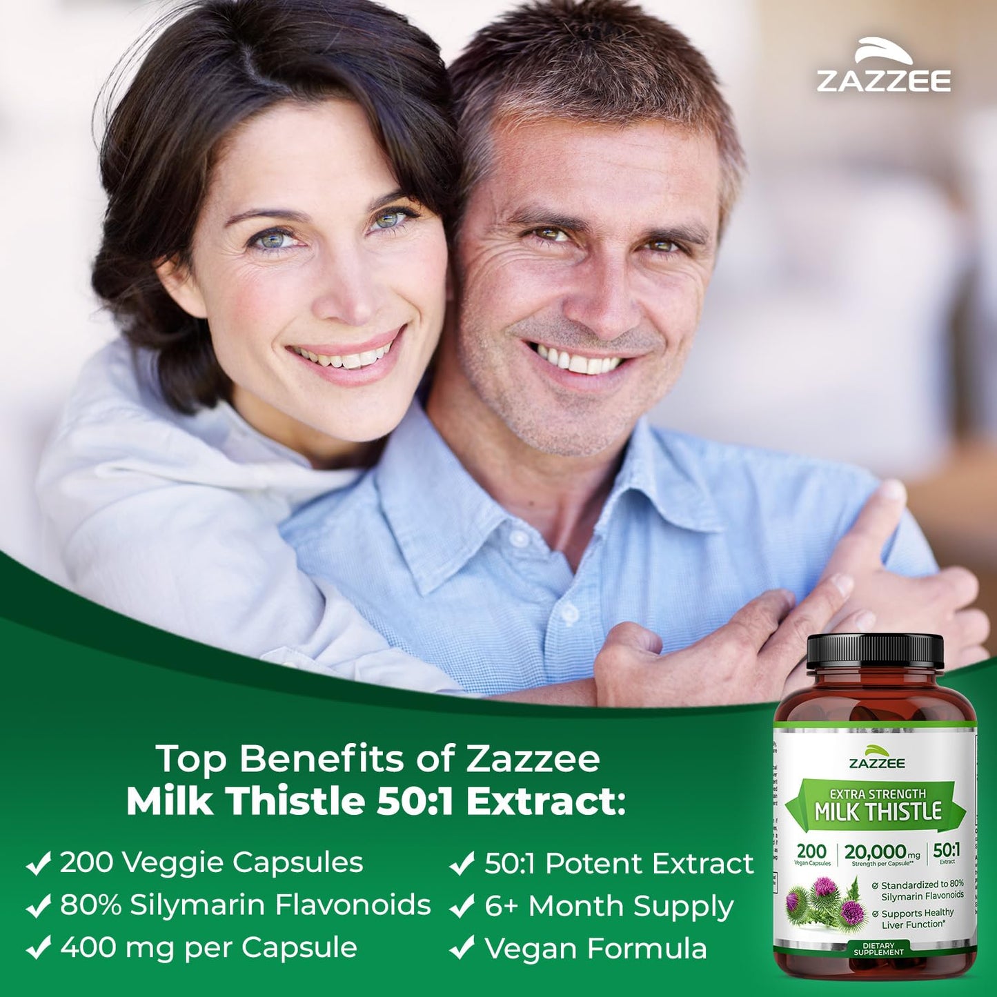 Zazzee Organic Milk Thistle 50:1 Extract – 20,000 mg Strength, 200 Capsules, 80% Silymarin, 6-Month Supply