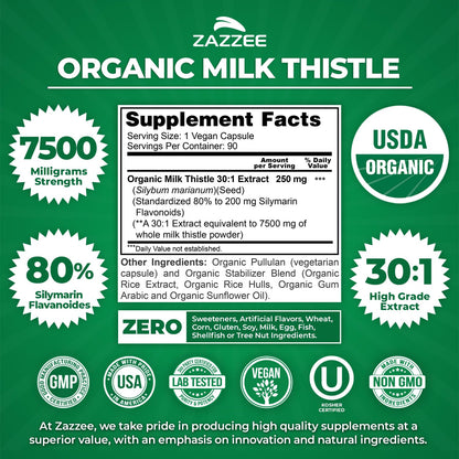 Zazzee USDA Organic Milk Thistle 30:1 Extract – 7500 mg, 90 Vegan Capsules, USA Made