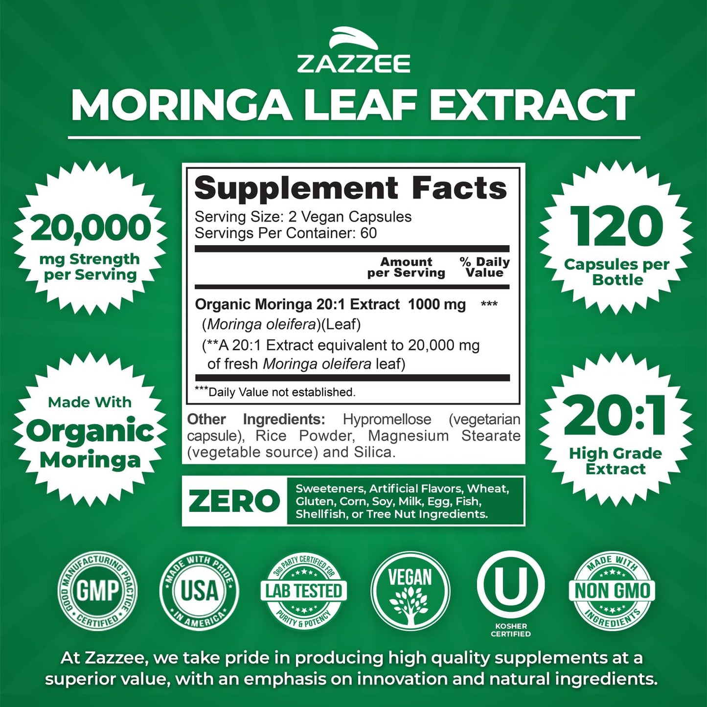 Zazzee Organic Moringa 20:1 Extract – 20,000 mg Strength, 120 Vegan Capsules, USA Made