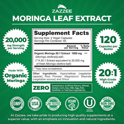 Zazzee Organic Moringa 20:1 Extract – 20,000 mg Strength, 120 Vegan Capsules, USA Made