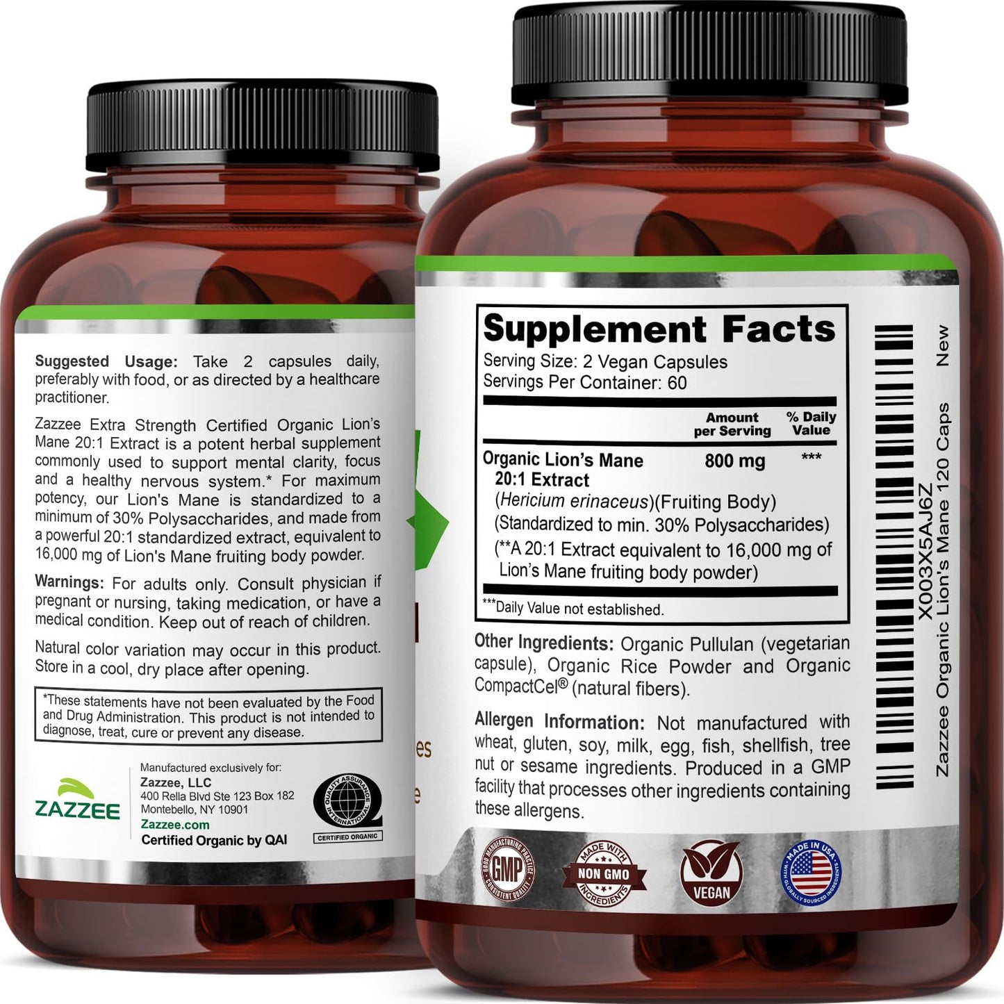 Zazzee USDA Organic Lion's Mane 20:1 Extract – 16,000 mg per Capsule, 120 Vegan Capsules, Made in USA
