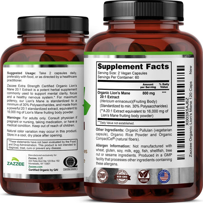 Zazzee USDA Organic Lion's Mane 20:1 Extract – 16,000 mg per Capsule, 120 Vegan Capsules, Made in USA