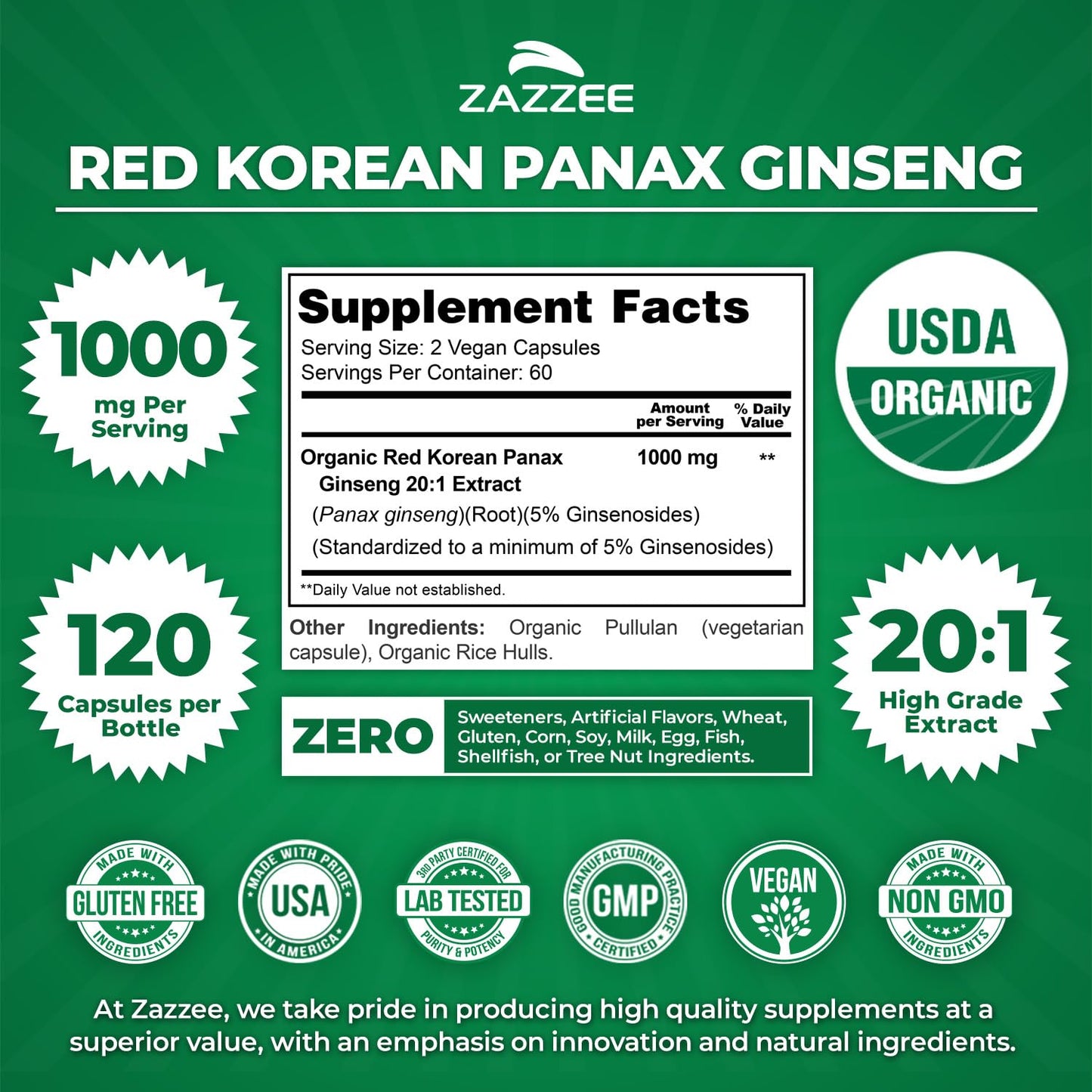 Zazzee USDA Organic Red Korean Panax Ginseng – 20:1 Extract, 1000 mg, 120 Vegan Capsules