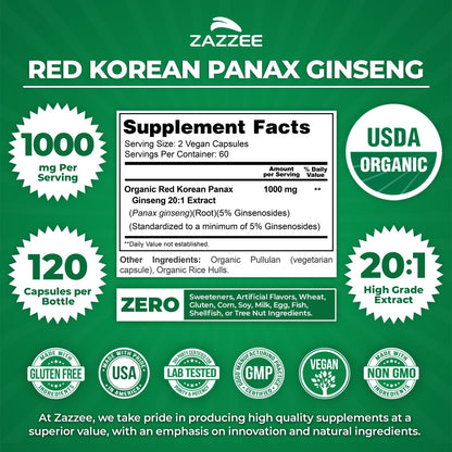 Zazzee USDA Organic Red Korean Panax Ginseng – 20:1 Extract, 1000 mg, 120 Vegan Capsules