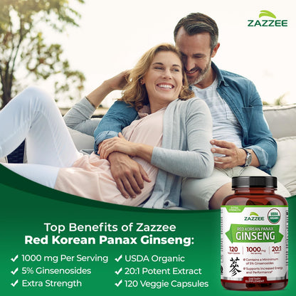 Zazzee USDA Organic Red Korean Panax Ginseng – 20:1 Extract, 1000 mg, 120 Vegan Capsules