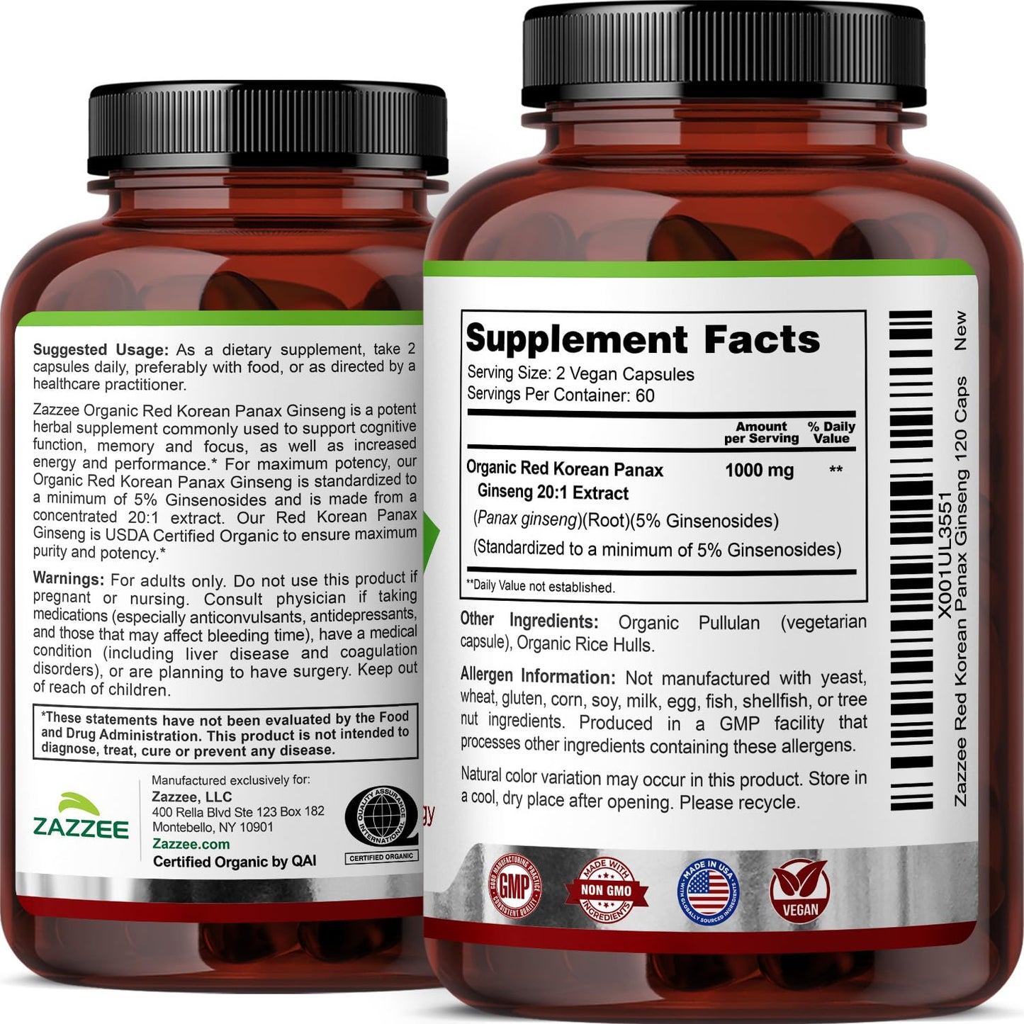 Zazzee USDA Organic Red Korean Panax Ginseng – 20:1 Extract, 1000 mg, 120 Vegan Capsules