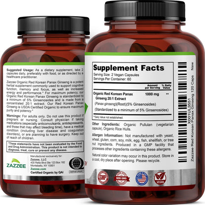 Zazzee USDA Organic Red Korean Panax Ginseng – 20:1 Extract, 1000 mg, 120 Vegan Capsules