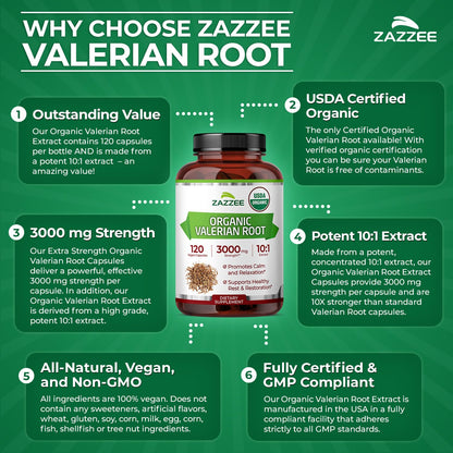 Zazzee USDA Organic Valerian Root 10:1 Extract – 3000 mg, 120 Veg Capsules, Made in USA