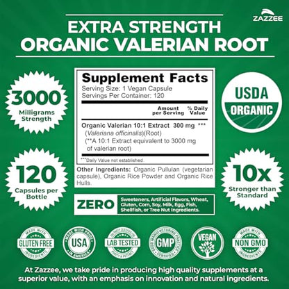 Zazzee USDA Organic Valerian Root 10:1 Extract – 3000 mg, 120 Veg Capsules, Made in USA