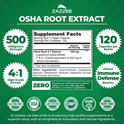 Zazzee OSHA Root 4:1 Extract - 500 mg, 120 Vegan Capsules, 4-Month Supply