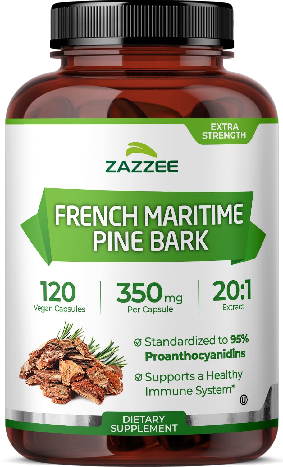 Zazzee Extra Strength French Maritime Pine Bark 20:1 Extract – 350 mg per Capsule, 120 Vegan Capsules, 95% Proanthocyanidins, Made in USA