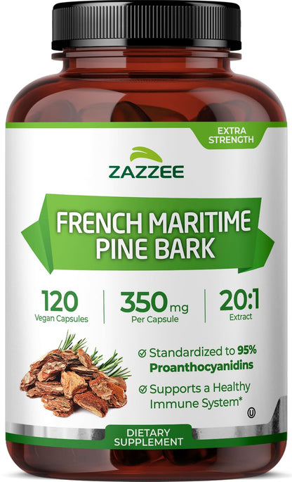 Zazzee Extra Strength French Maritime Pine Bark 20:1 Extract – 350 mg per Capsule, 120 Vegan Capsules, 95% Proanthocyanidins, Made in USA