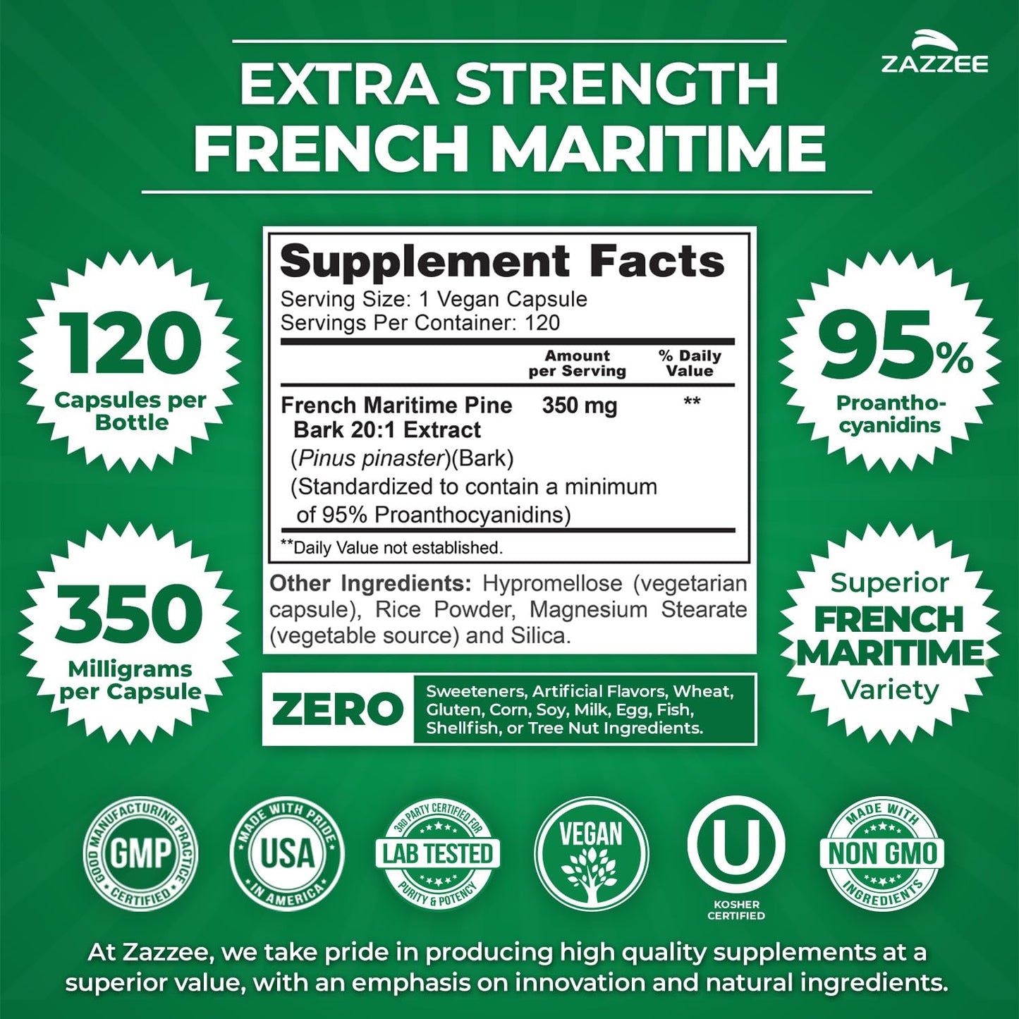 Zazzee Extra Strength French Maritime Pine Bark 20:1 Extract – 350 mg per Capsule, 120 Vegan Capsules, 95% Proanthocyanidins, Made in USA