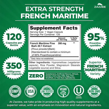 Zazzee Extra Strength French Maritime Pine Bark 20:1 Extract – 350 mg per Capsule, 120 Vegan Capsules, 95% Proanthocyanidins, Made in USA