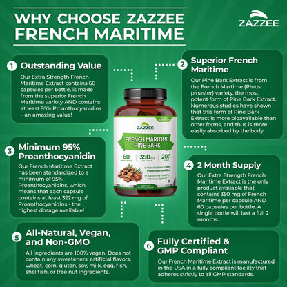 Zazzee French Maritime Pine Bark 350 mg - 60 Vegan Capsules, 95% Proanthocyanidins