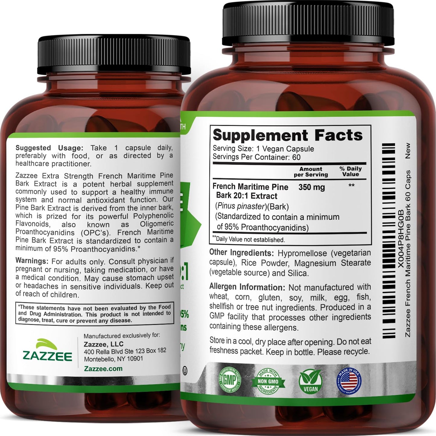 Zazzee French Maritime Pine Bark 350 mg - 60 Vegan Capsules, 95% Proanthocyanidins