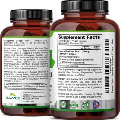 Zazzee French Maritime Pine Bark 350 mg - 60 Vegan Capsules, 95% Proanthocyanidins