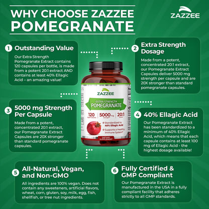 Zazzee Extra Strength Pomegranate 20:1 Extract – 5000 mg, 120 Vegan Capsules