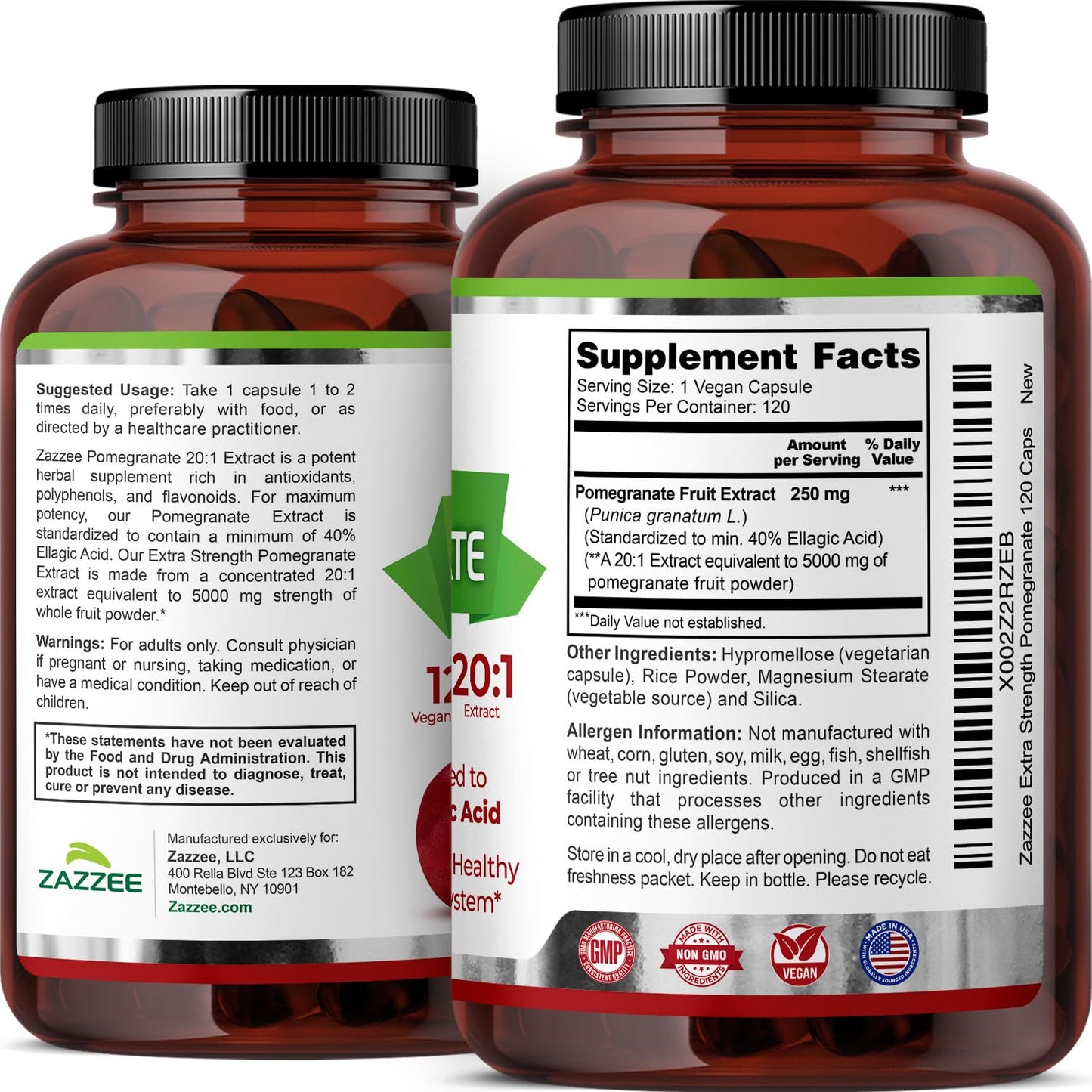 Zazzee Extra Strength Pomegranate 20:1 Extract – 5000 mg, 120 Vegan Capsules