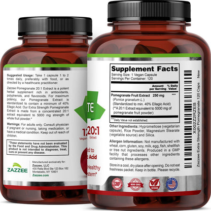 Zazzee Extra Strength Pomegranate 20:1 Extract – 5000 mg, 120 Vegan Capsules