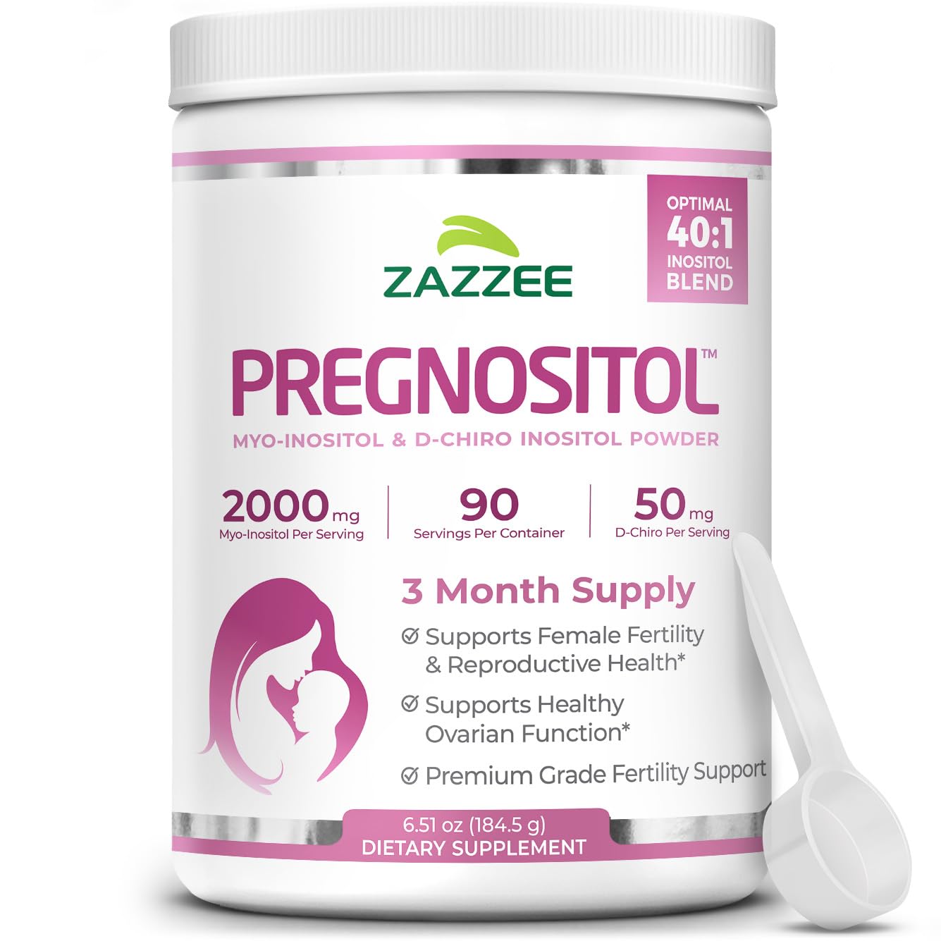 Zazzee PREGNOSITOL Powder – 3 Month Supply, 40:1 Myo-Inositol/D-Chiro-Inositol, Free Scoop, Vegan