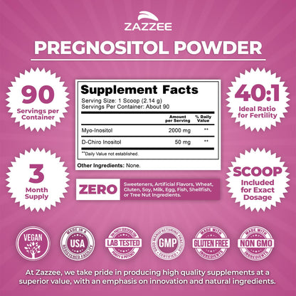 Zazzee PREGNOSITOL Powder – 3 Month Supply, 40:1 Myo-Inositol/D-Chiro-Inositol, Free Scoop, Vegan