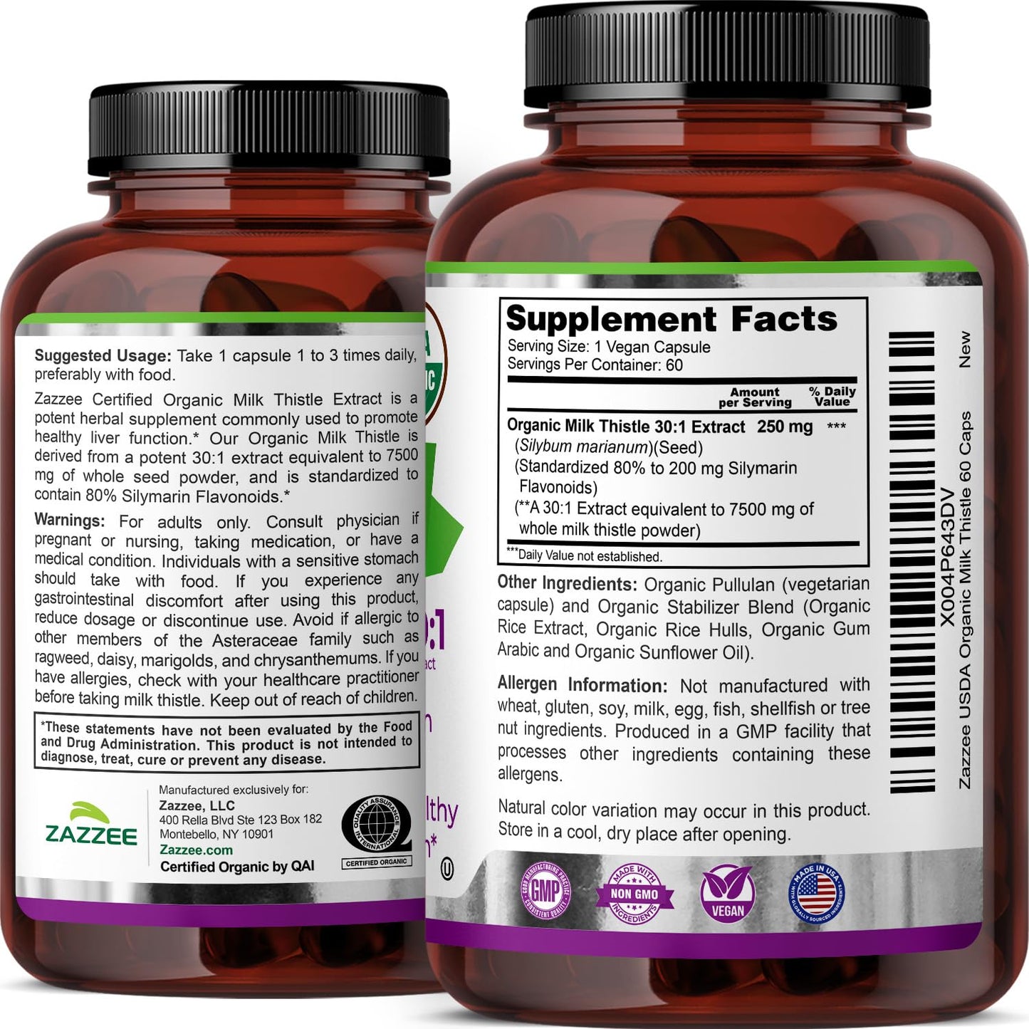 Zazzee USDA Organic Milk Thistle - 30:1 Extract, 7500 mg per Capsule | 60 Vegan Capsules | 80% Silymarin | Made in USA