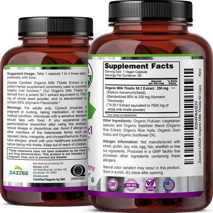 Zazzee USDA Organic Milk Thistle - 30:1 Extract, 7500 mg per Capsule | 60 Vegan Capsules | 80% Silymarin | Made in USA