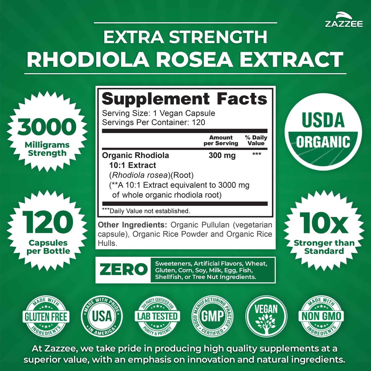 Zazzee USDA Organic Rhodiola 10:1 Extract – 3000 mg, 120 Caps, 4-Month Supply