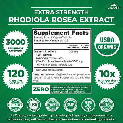 Zazzee USDA Organic Rhodiola 10:1 Extract – 3000 mg, 120 Caps, 4-Month Supply