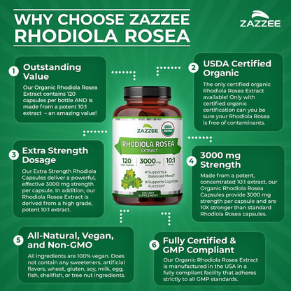 Zazzee USDA Organic Rhodiola 10:1 Extract – 3000 mg, 120 Caps, 4-Month Supply