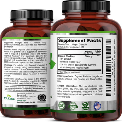 Zazzee USDA Organic Rhodiola 10:1 Extract – 3000 mg, 120 Caps, 4-Month Supply