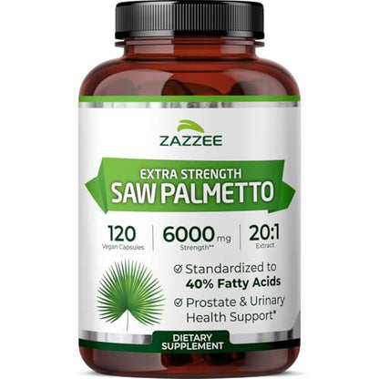 Zazzee Extra Strength Saw Palmetto 20:1 Extract – 6000 mg per Capsule, 4 Month Supply, 40% Fatty Acids, 120 Vegan Capsules, Non-GMO, Made in USA