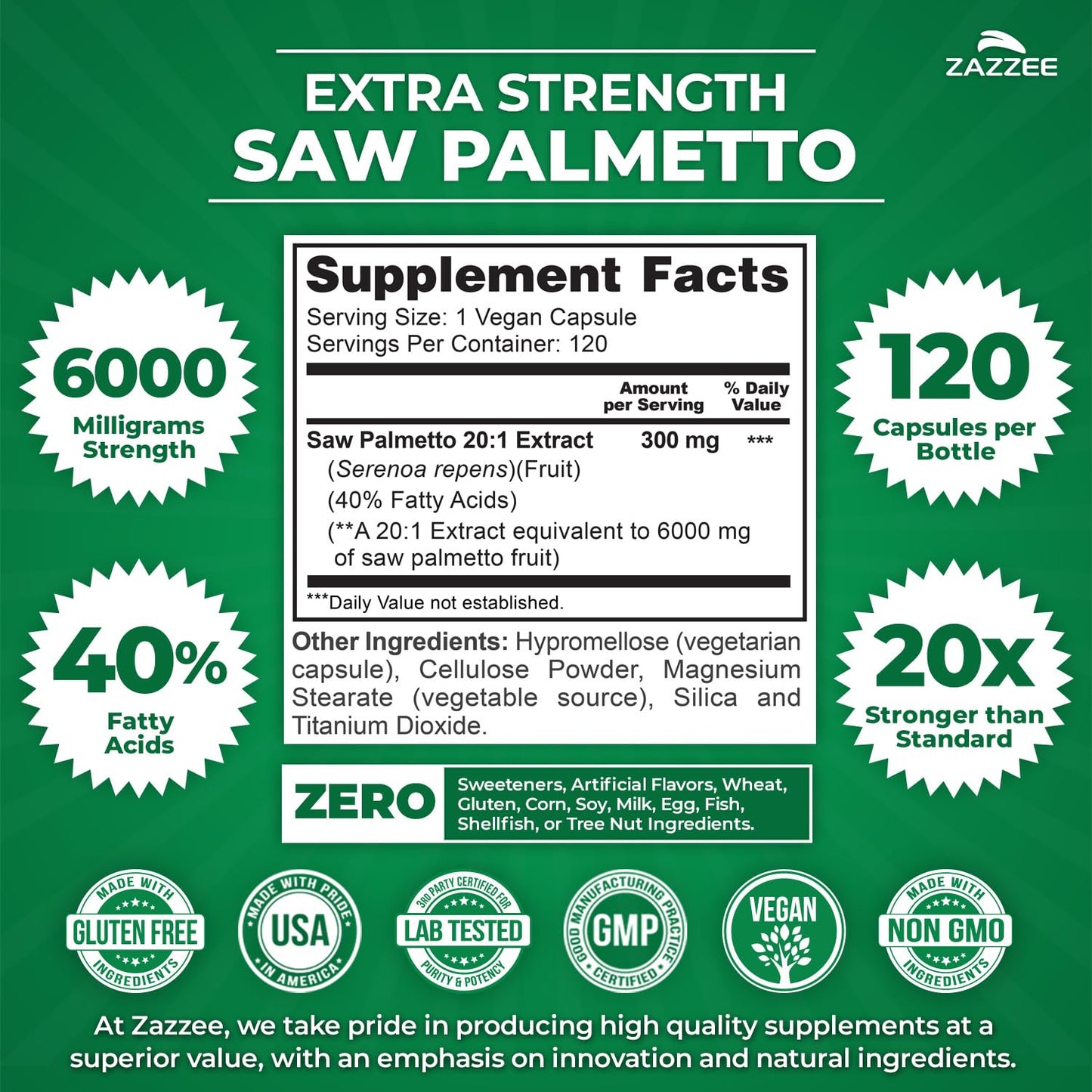 Zazzee Extra Strength Saw Palmetto 20:1 Extract – 6000 mg per Capsule, 4 Month Supply, 40% Fatty Acids, 120 Vegan Capsules, Non-GMO, Made in USA