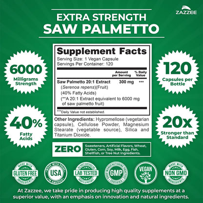 Zazzee Extra Strength Saw Palmetto 20:1 Extract – 6000 mg per Capsule, 4 Month Supply, 40% Fatty Acids, 120 Vegan Capsules, Non-GMO, Made in USA