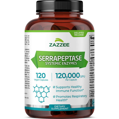 Zazzee Delayed Release Serrapeptase, 120,000 SPU per Capsule, 120 Vegan Capsules, 4-Month Supply, Extra Strength, All-Natural & Non-GMO