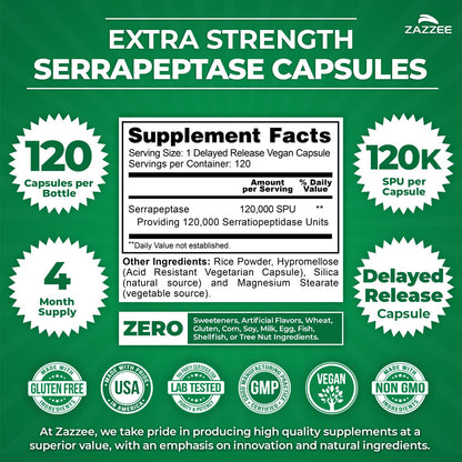 Zazzee Delayed Release Serrapeptase, 120,000 SPU per Capsule, 120 Vegan Capsules, 4-Month Supply, Extra Strength, All-Natural & Non-GMO
